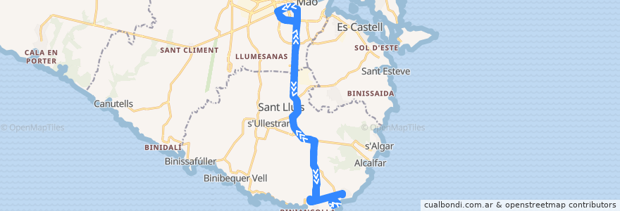 Mapa del recorrido Bus 92: Maó → Punta Prima de la línea  en Menorca.