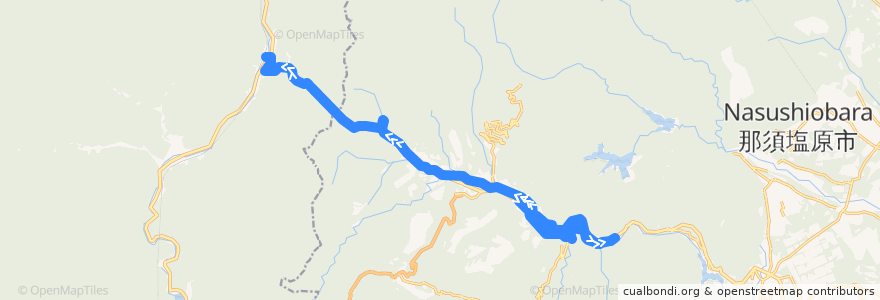 Mapa del recorrido 那須塩原市ゆーバス塩原上三依線 塩原温泉バスターミナル⇒塩原循環⇒上三依塩原温泉口駅 de la línea  en 那須塩原市.