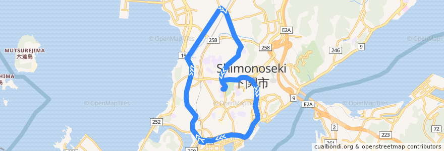 Mapa del recorrido 山の田循環 de la línea  en Shimonoseki.