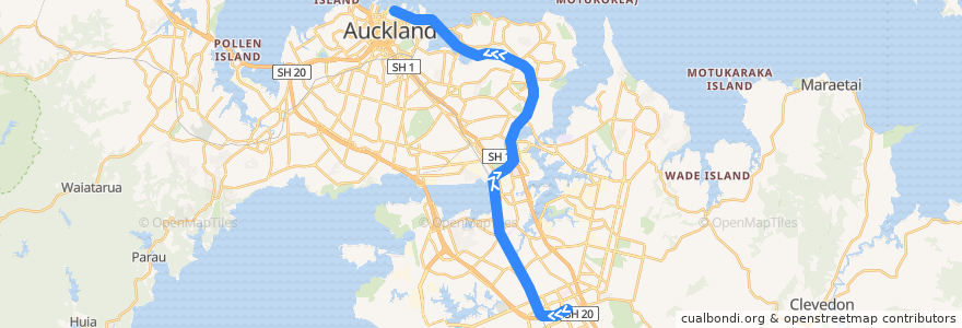 Mapa del recorrido Eastern Line: Britomart = > Manukau de la línea  en Auckland.