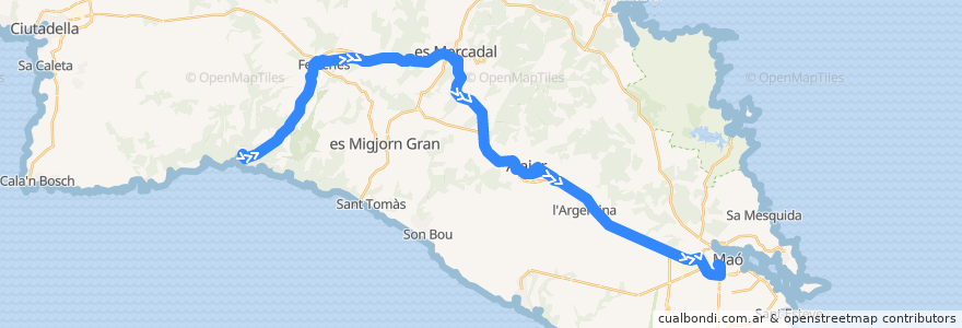 Mapa del recorrido Bus 51: Cala Galdana → Maó de la línea  en Minorque.