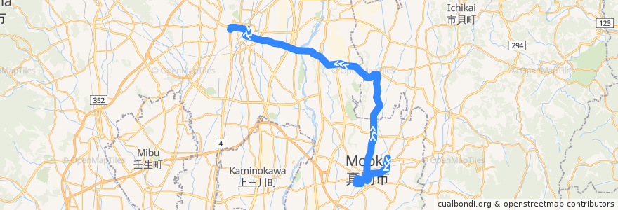 Mapa del recorrido 関東自動車バス 真岡営業所⇒水橋⇒宇都宮東武 de la línea  en Tochigi Prefecture.