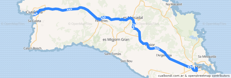 Mapa del recorrido Bus 14: Ciutadella → Maó de la línea  en Menorca.