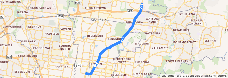 Mapa del recorrido Tram 86d: RMIT University Bundoora Campus => Preston Workshops de la línea  en Melbourne.