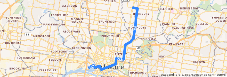 Mapa del recorrido Tram 86d: Waterfront City => Preston Workshops de la línea  en Melbourne.