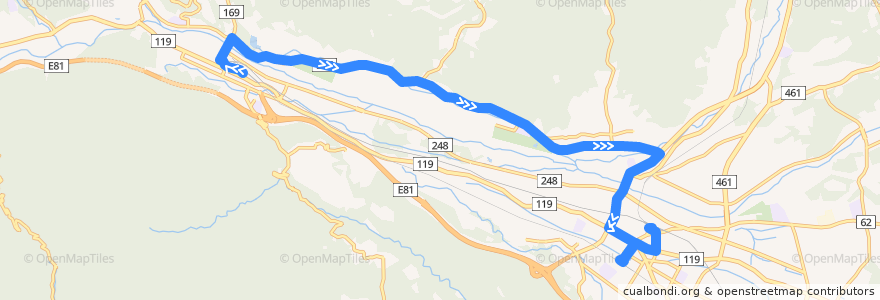 Mapa del recorrido 日光交通バス JR日光駅⇒今市特別支援学校⇒下今市駅 de la línea  en Nikkō.