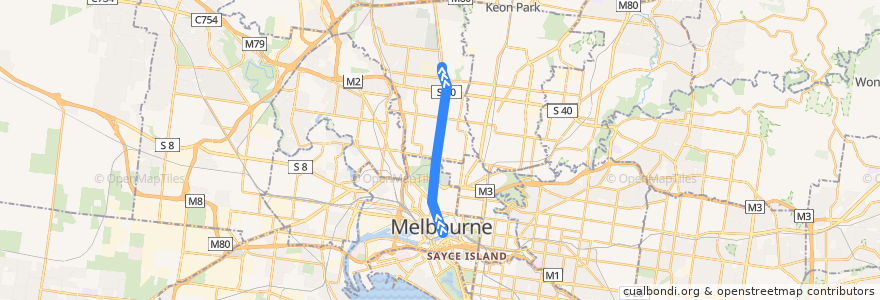 Mapa del recorrido Tram 19: Flinders Street railway station => North Coburg de la línea  en Melbourne.