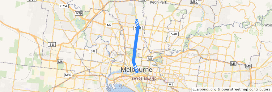 Mapa del recorrido Tram 19: North Coburg => Flinders Street railway station de la línea  en Melbourne.