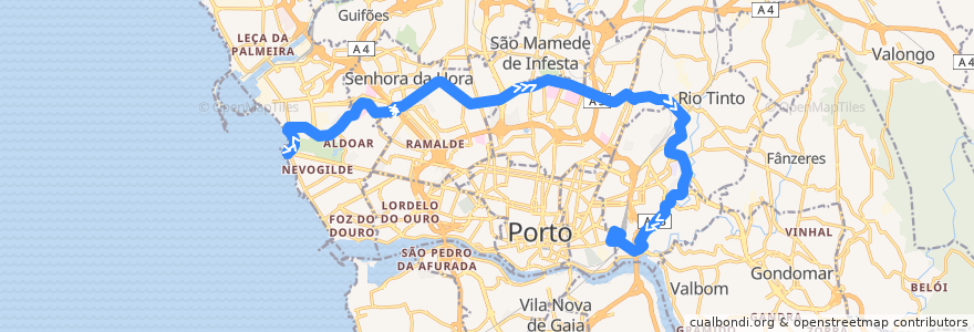 Mapa del recorrido 205: Campanhã => Castelo do Queijo de la línea  en Porto.