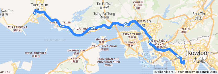 Mapa del recorrido 九巴59X線 KMB 59X (龍門居 Lung Mun Oasis → 旺角東站 Mong Kok East Station) de la línea  en Hong Kong.