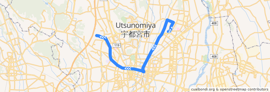 Mapa del recorrido 関東自動車バス[55] 釜井台団地⇒宝木団地 de la línea  en Utsunomiya.