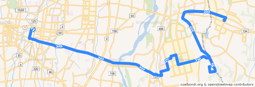 Mapa del recorrido JRバス関東水都西線 宇都宮駅⇒清陵高校・清原台団地⇒芳賀バスターミナル de la línea  en Utsunomiya.