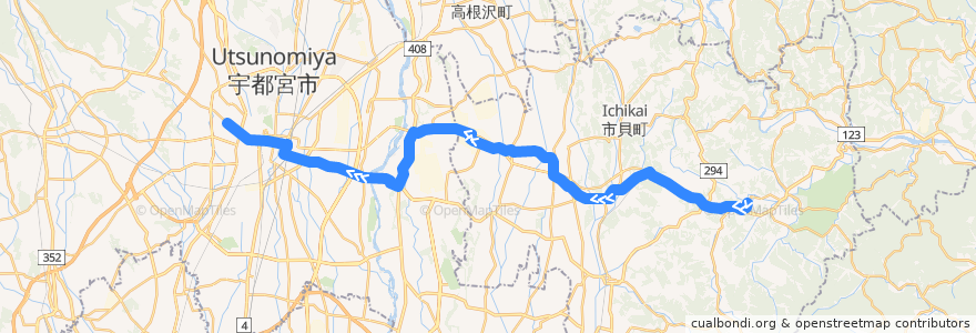 Mapa del recorrido JRバス関東水都西線 茂木⇒道場宿⇒作新学院前 de la línea  en Tochigi Prefecture.