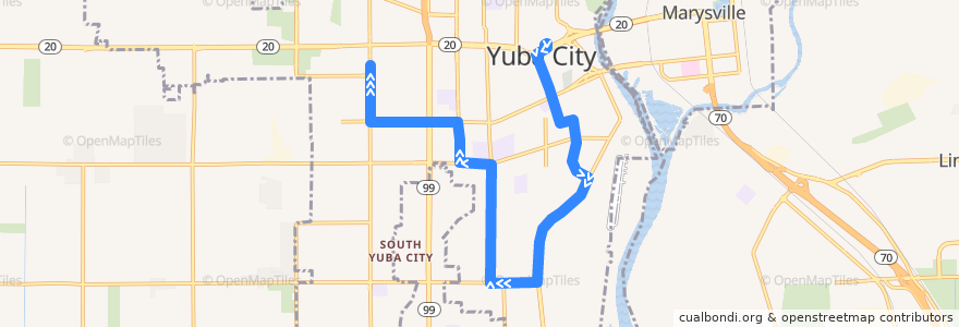 Mapa del recorrido Yuba City Loop (Clockwise) de la línea  en Yuba City.