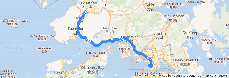 Mapa del recorrido 九巴63X線 KMB 63X (洪水橋（洪福邨） Hung Shui Kiu (Hung Fuk Estate) → 西九龍站 West Kowloon Station) de la línea  en 香港 Hong Kong.