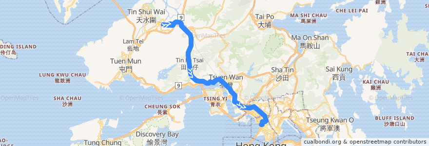 Mapa del recorrido 九巴68X線 KMB 68X (元朗（西） Yuen Long (West) → 旺角（柏景灣） Mong Kok (Park Avenue)) de la línea  en 香港.