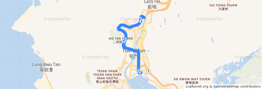 Mapa del recorrido 輕鐵505綫 Light Rail 505 (三聖 Sam Shing → 兆康 Siu Hong) de la línea  en 屯門區 Tuen Mun District.