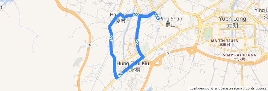 Mapa del recorrido 港鐵巴士K75A綫 MTR Bus K75A (天水圍站 Tin Shui Wai Station ↺ 洪水橋 Hung Shui Kiu) de la línea  en 元朗區 Yuen Long District.