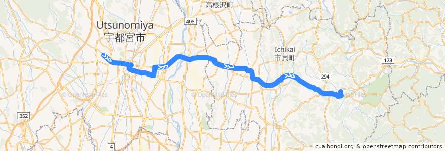 Mapa del recorrido JRバス関東水都西線 作新学院前⇒ベルモール・道の駅はが/いちかい/もてぎ⇒茂木 de la línea  en 栃木県.