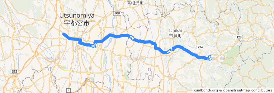 Mapa del recorrido JRバス関東水都西線 茂木⇒道の駅もてぎ/いちかい/はが・ベルモール⇒作新学院前 de la línea  en 도치기현.