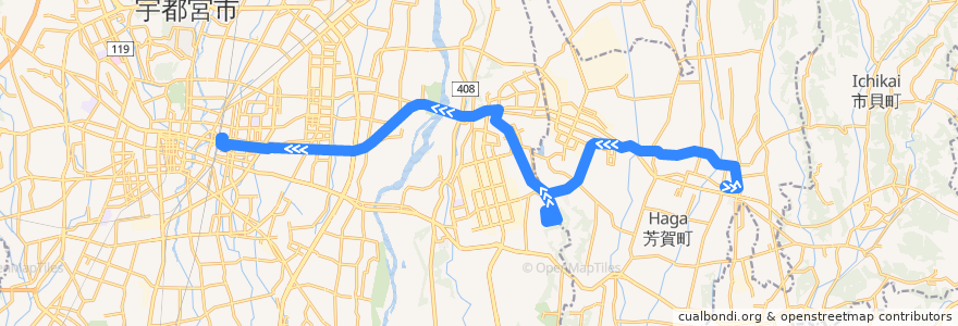 Mapa del recorrido JRバス関東水都西線 芳賀町役場⇒和泉ニュータウン・清原台団地⇒宇都宮駅東口 de la línea  en 栃木県.