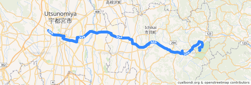 Mapa del recorrido JRバス関東水都西線 作新学院前⇒ベルモール・道の駅はが/いちかい/もてぎ⇒ツインリンクもてぎ de la línea  en 栃木県.