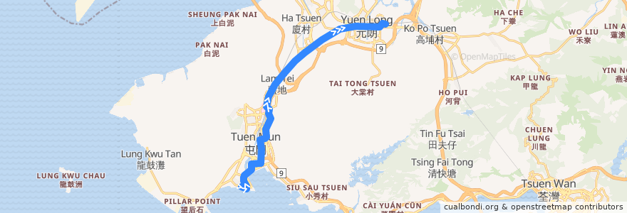 Mapa del recorrido 輕鐵614綫 Light Rail 614 (屯門碼頭 Tuen Mun Ferry Pier → 元朗 Yuen Long) de la línea  en 香港 Hong Kong.