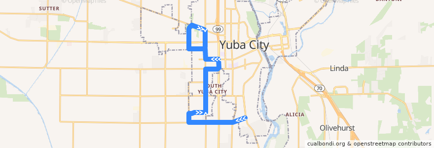 Mapa del recorrido Southwest Yuba City de la línea  en Sutter County.