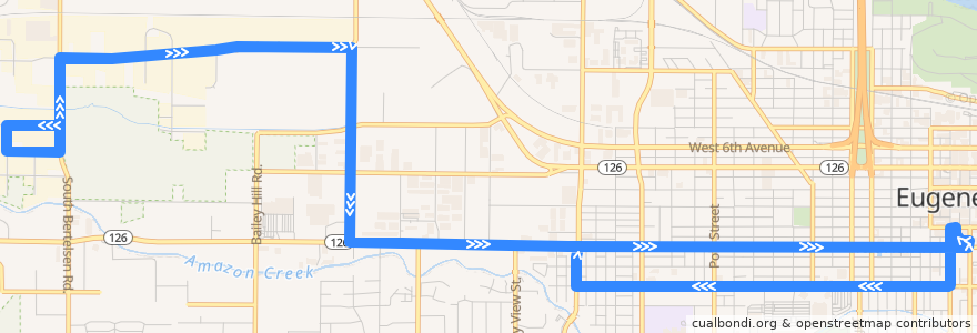 Mapa del recorrido West 1st Avenue de la línea  en Eugene.