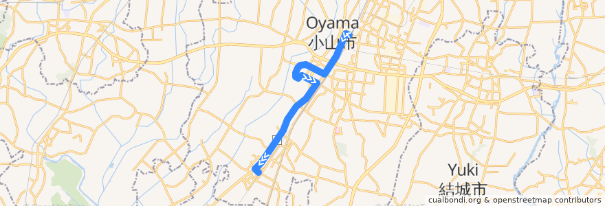 Mapa del recorrido 小山市おーバス間々田線 小山駅西口⇒ふれあい健康センター⇒間々田駅西口 de la línea  en Oyama.