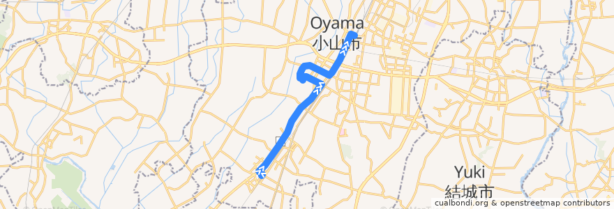 Mapa del recorrido 小山市おーバス間々田線 間々田駅西口⇒ふれあい健康センター⇒小山駅西口 de la línea  en 小山市.