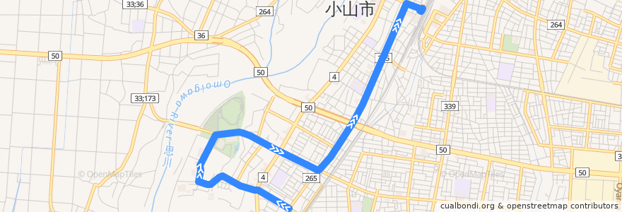 Mapa del recorrido 小山市おーバス間々田線 小山第三小学校南⇒小山駅西口 de la línea  en Oyama.