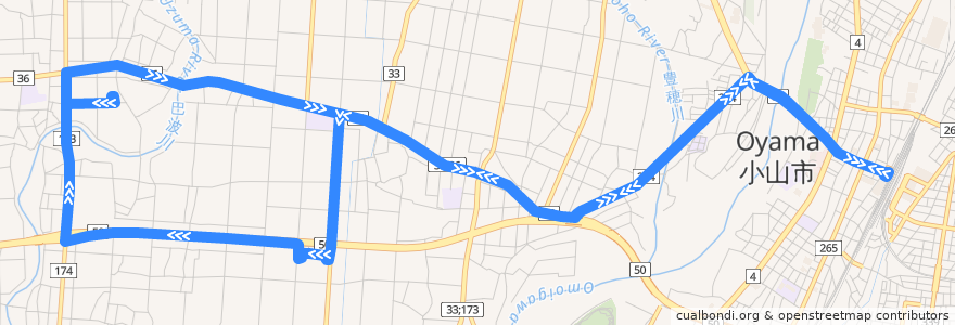 Mapa del recorrido 小山市おーバス道の駅線 小山駅西口⇒道の駅・いちごの里⇒小山駅西口 de la línea  en 小山市.