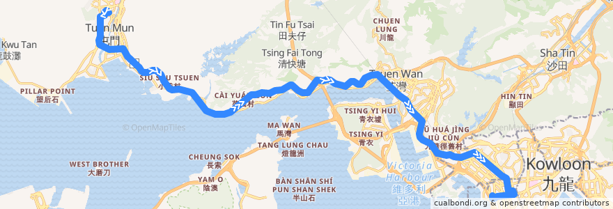 Mapa del recorrido 九巴66X線 KMB 66X (大興 Tai Hing → 奧運站 Olympic Station) de la línea  en هونغ كونغ.