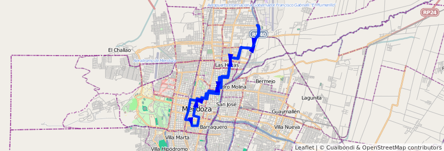 Mapa del recorrido 65 - Bº 1 de Mayo - Casa de Gob. de la línea G06 en Mendoza.