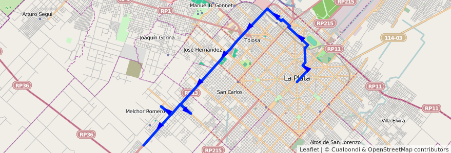 Mapa del recorrido 65 Gorina de la línea Oeste en Partido de La Plata.