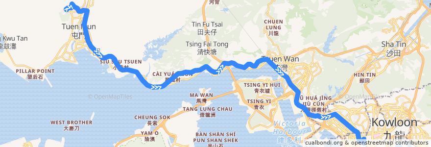 Mapa del recorrido 九巴58X線 KMB 58X (良景邨 Leung King Estate → 旺角東站 Mong Kok East Station) de la línea  en Hongkong.