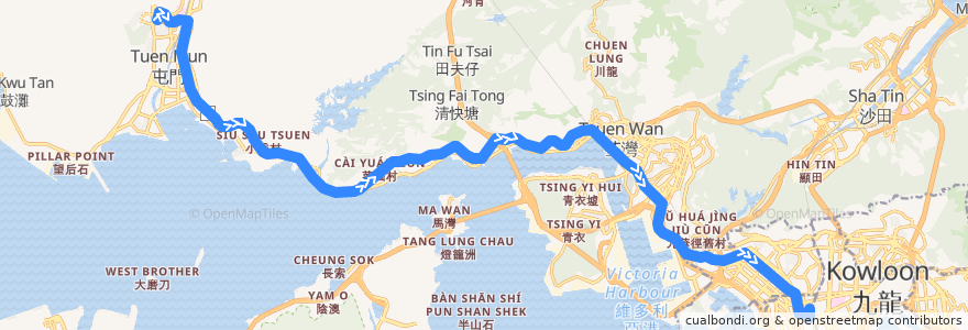 Mapa del recorrido 九巴58X線 KMB 58X (建生 Kin Sang → 旺角東站 Mong Kok East Station) de la línea  en Hongkong.