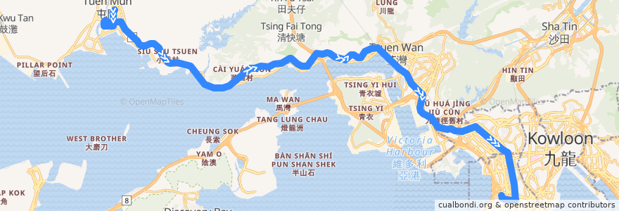 Mapa del recorrido 九巴60X線 KMB 60X (屯門市中心 Tuen Mun Central → 西九龍站 West Kowloon Station) de la línea  en هونغ كونغ.