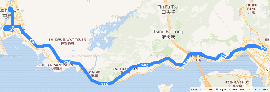 Mapa del recorrido 九巴60M線 KMB 60M (荃灣站 Tsuen Wan Station → 屯門站 Tuen Mun Station) de la línea  en Hong Kong.