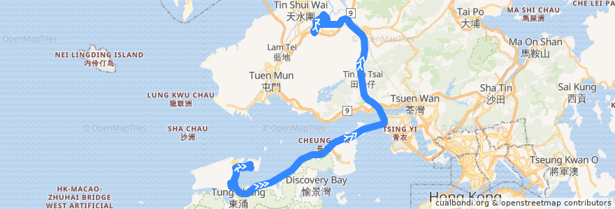 Mapa del recorrido 龍運巴士A36線 Long Win Bus A36 (機場 Airport → 朗屏站 Long Ping Station (經國泰城 via Cathay City)) de la línea  en Hong Kong.