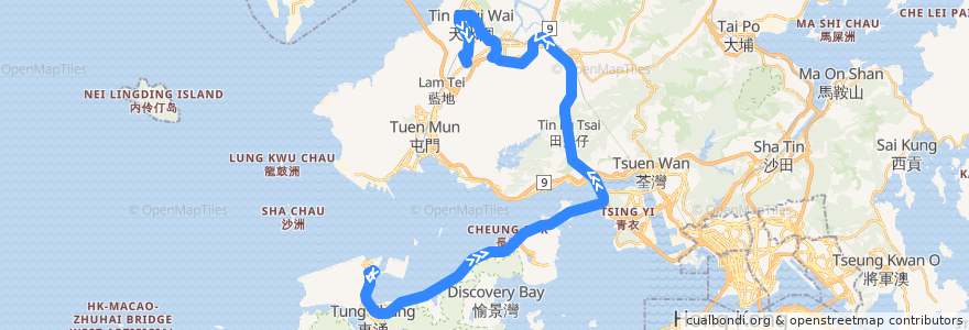 Mapa del recorrido 龍運巴士A37線 Long Win Bus A37 (機場 Airport → 洪水橋 Hung Shui Kiu) de la línea  en Hong Kong.