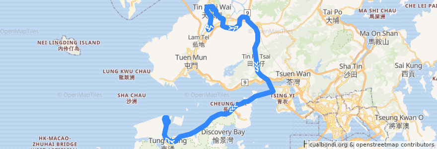 Mapa del recorrido 龍運巴士A37線 Long Win Bus A37 (洪水橋 Hung Shui Kiu → 機場 Airport) de la línea  en Гонконг.