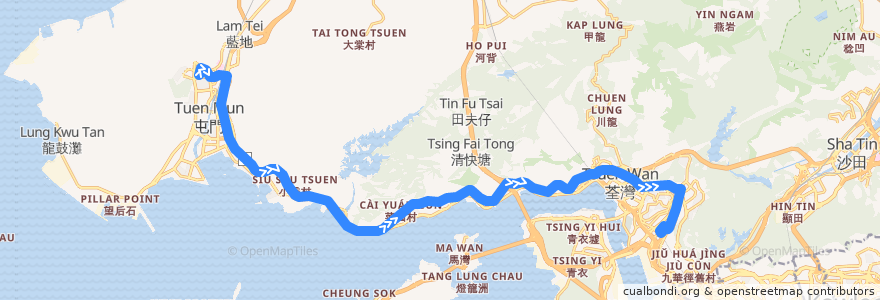 Mapa del recorrido 九巴58M線 KMB 58M (建生 Kin Sang → 葵芳站 Kwai Fong Station) de la línea  en 香港 Hong Kong.