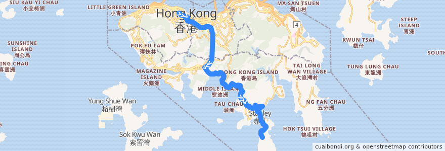 Mapa del recorrido 城巴6A線 Citybus 6A (中環 Central → 赤柱炮台 Stanley Fort) de la línea  en Hong Kong Island.