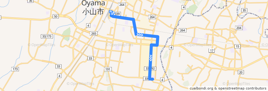 Mapa del recorrido 小山市おーバス土塔平成通り線 小山駅東口⇒小山工業団地⇒関東能開大正門 de la línea  en 小山市.