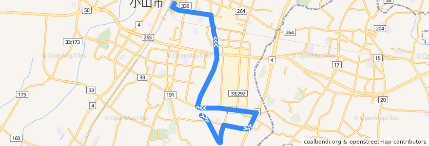 Mapa del recorrido 小山市おーバス大谷中央線 小山整形外科内科⇒雨ヶ谷⇒小山駅東口 de la línea  en 小山市.