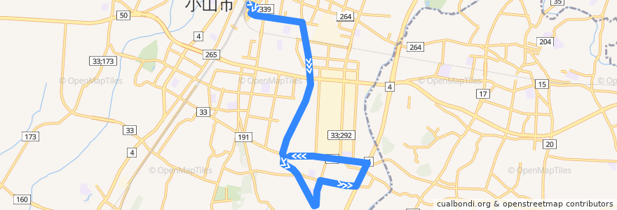 Mapa del recorrido 小山市おーバス大谷中央線 小山駅東口⇒雨ヶ谷⇒小山整形外科内科 de la línea  en 小山市.