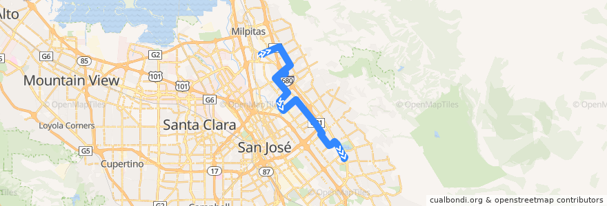 Mapa del recorrido VTA 70: Milpitas BART => Berryessa BART => Eastridge Transit Center de la línea  en San Jose.