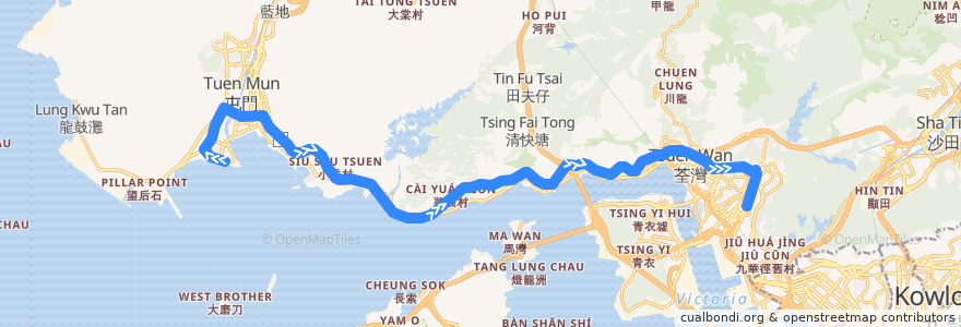 Mapa del recorrido 九巴59A線 KMB 59A (屯門碼頭 Tuen Mun Pier Head → 葵涌道（葵芳邨） Kwai Chung Road (Kwai Fong Estate)) de la línea  en Hong Kong.